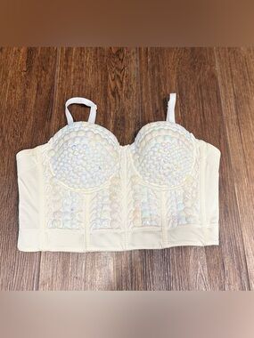 Lydia White Embellished Bustier Corset Top Underwired Boned Hook & Eye Sz Small